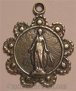 Miraculous Mary Medal 7/8" with Daisy Wreath - Catholic religious medals in authentic antique and vintage styles with amazing detail. Large collection of heirloom pieces made by hand in California, US. Available in true bronze