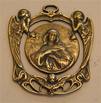 Mary Queen of Angels Medal Art Nouveau, large openwork medallion - Catholic religious medals in authentic antique and vintage styles with amazing detail. Large collection of heirloom pieces made by hand in California, US. Available in bronze and sterling