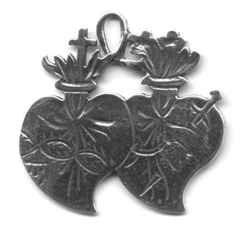 Twin Hearts Medal Etched 1 1/2" - Catholic religious medals in authentic antique and vintage styles with amazing detail. Large collection of heirloom pieces made by hand in California, US. Available in true bronze and sterling silver.