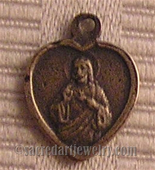 Small Heart Scapular Medal 1/2" - Catholic religious medals in authentic antique and vintage styles with amazing detail. Large collection of heirloom pieces made by hand in California, US. Available in true bronze and sterling silver.