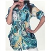 LINDI Blue Multicolored Packable Stretch World Travel Print Button Front Collared Tunic Top