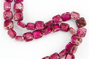 12mm Aqua Terra Jasper Gemstone Puffed Square Beads - Raspberry
