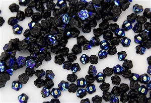 7mm Czech Button Style Flower Beads - Opaque Jet Black AB #BF19