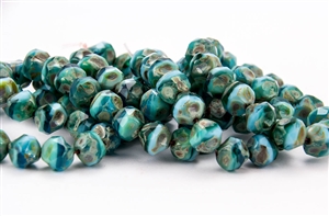 8mm Czech Glass Beads Central Cuts - Baroque Beads - Aqua Turquoise Picasso Mix