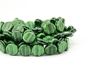 12mm Flat Coin Czech Glass Beads - Pearlescent Green Stripe