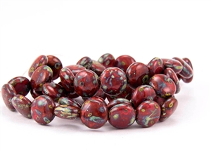 10mm Lentils Czech Glass Beads - Opaque Red Picasso