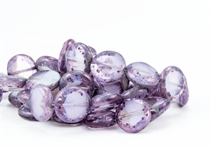14mm Carved Coin Czech Glass Beads - Milky Marbled Lilac Vega Luster