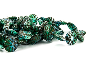 14mm Dahlia Flower Czech Glass Beads - Emerald and Blue Opal