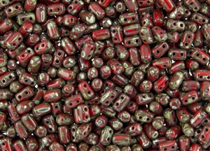 Rulla Two Hole Cylinder Czech Glass Beads - Opaque Red Silver Blue Picasso R114