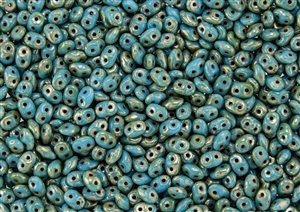 SuperDuo 2/5mm Two Hole Czech Glass Seed Beads - Aqua Turquoise Flax Picasso SD955