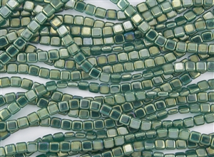 CzechMates 6mm Tiles Czech Glass Beads - Atlantis Green Luster Iris T209