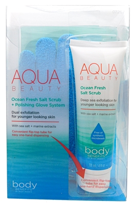 body Benefits AQUA BEAUTY Ocean Fresh Salt Scrub and 2 Polishing Gloves, Dual Exfoliation for Younger Looking Skin   4oz
