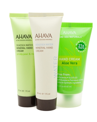 Dead Sea Hand Cream Set by AHAVA: Dead Sea Water Mineral Prickly Pear & Moringa  1 fl oz, Dead Sea Water  1 fl oz, Dead Sea Naturals Aloe Vera  1.3 fl oz