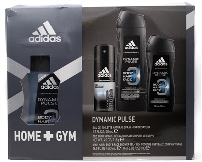 Adidas HOME+GYM Dynamic Pulse For Men 4 pc Set;  Eau de Toilette Natural Spray  1.7 fl oz, Deodorant Body Spray 4 fl oz,. 3 In 1 Hair Body & Face Shower Gel 16 fl oz and 8.4 fl oz