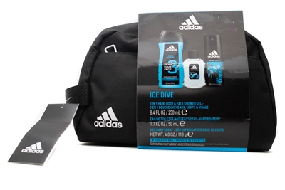 Adidas ICE DIVE Set: 3 in 1 Hair Body & Face Shower Gel 8.4, Eau de Toilette 1.7 Oz, Deo Body Spray 4 Oz, Toiletry Bag
