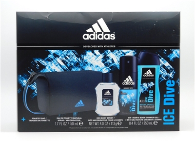 Adidas ICE DIVE Set:  Eau de Toilette 1.7 Oz, Deo Body Spray 4 Oz, 2 in 1 Hair & Body Shower Gel 8.4 Oz Plus Toiletry Bag