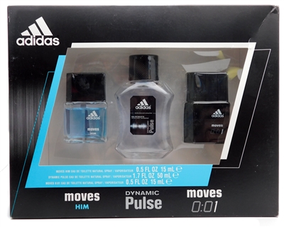adidas Dynamic Pulse and Moves Set:  Moves Him Eau de Toilette Spray  .05 fl oz,  Dynamic Pulse Eau de Toilette Spray 1.7 fl oz,  Moves 0:01 Eau de Toilette Spray  .5 fl oz