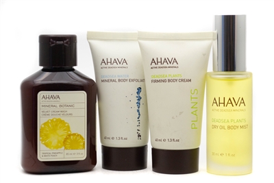 AHAVA Active Deadsea Mineral Set; Mineral Botanic Velevet Cream Wash  3 fl oz, Body Exfoliator  1.3 fl oz, Firming Body Cream 1.3 fl oz, Dry Oil Body Mist  1 fl oz