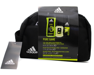 Adidas Pure Game For Men 4 pc Set; 3 In 1 Hair, Body & Face Shower Gel  8.4 fl oz, Eau de Toilette Natural Spray 1.7 fl oz, Deodorant Body Spray 4 fl oz,  Toiletry Bag
