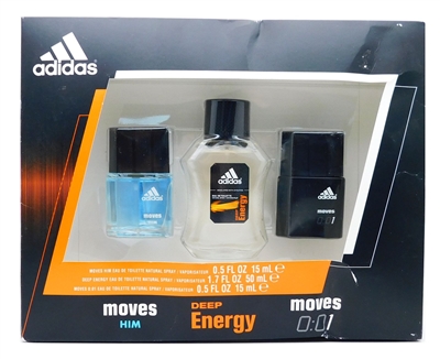 adidas Eau De Toilette Natural Spray Set: Moves Him .5 Fl Oz., Deep Energy 1.7 Fl Oz., Moves 0:01 .5 Fl Oz.