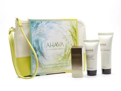 AHAVA Skincare Essentials Set: Dead Sea Osmoter Concentrate  .17,  Essential Day Moisturizer  .51 fl oz, Mineral Hand Cream  .68 fl oz, and Storage Bag