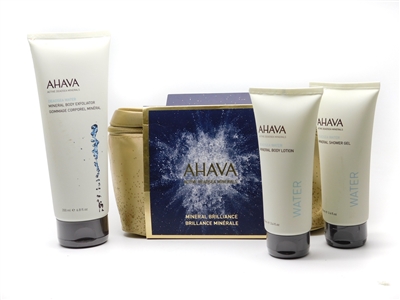 AHAVA Mineral Brilliance Set: Mineral Body Exfoliator 6.8 fl oz, Mineral Body Lotion  3.4 fl oz, Mineral Shower Gel 3.4 fl oz, Carrying Case