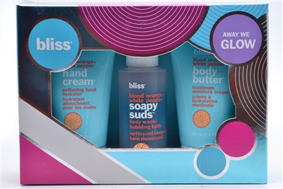 bliss Away We Glow Blood Orange+White Pepper 3 pc set; Hand Cream 1.7 fl oz, Soapy Suds Body Wash+Bubbling Bath 2 fl oz, Body Butter 1.7 fl oz