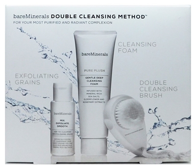 bareMinerals Double Cleansing Method: Mix Exfoliate Smooth Add-To-Cleanser .88 Oz., Pure Plush Gentle Deep Cleansing Foam 1.7 Oz., Vital Power Infusion .25 Fl Oz., Double Cleansing Brush