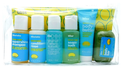 bliss Lemon+Sage Sink-Side Six Pack: Supershine Shampoo 1 Fl Oz., Conditioning Rinse 1 Fl Oz., Fabulous Foaming Face Wash 1 Fl Oz., Soapy Suds Body Wash 1 Fl Oz., Body Butter 1 Fl Oz., Body Bar 1.8 Oz.