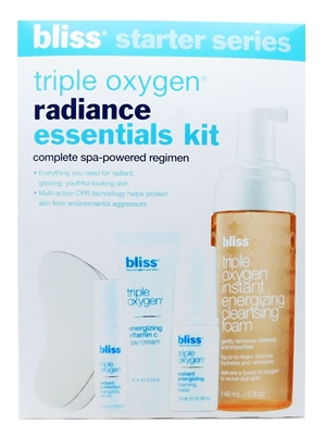 bliss Starter Series Triple Oxygen Radiance Essentials Kit: Cleansing Foam 5 Fl Oz., Foaming Mask .34 Fl Oz., Day Cream .5 Fl Oz., Energizing Serum .16 Fl Oz., Eye Mask