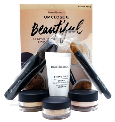 bareMinerals Up Close & Beautiful 30-Day Complexion Starter Kit  medium beige: Prime Time Original Foundation Primer, Original Foundation SPF 15, Concealer SPF 20, Original Mineral Veil Finishing Powder, Mini Full Flawless Face Brush, Mini Concealer Brush