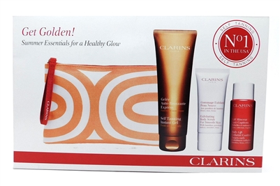 Clarins Get Golden Self Tanning Set: Self Tanning Instant Gel 4.5 Oz., Body Lift Cellulite Control 1 Oz., Exfoliating Body Scrub For Smooth Skin 1 Oz., Travel Bag