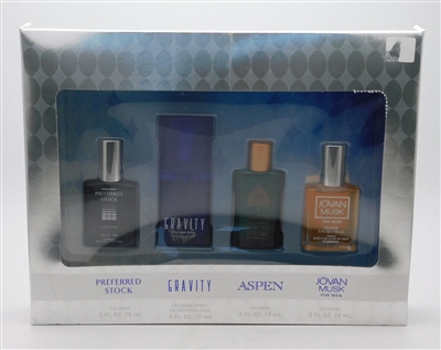 Coty Assorted Men Cologne 4 Pc Set: Preferred Stock, Gravity, Aspen, & Jovan Muck All 0.5 Oz