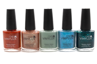 â€‹CND Vinylux Weekly Polish set of 5; Fine Vermillion, Sienna Scribble, Sage Scarf, Lost Labyrinth, Emerald Lights (each .5 fl oz)