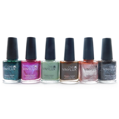 CND Vinylux Weekly Polish set of 6: Emerald Lights, Magenta Mischief, Sage Scarf, Faux Fur, Tundra, Grommet (each .5 Fl Oz.)