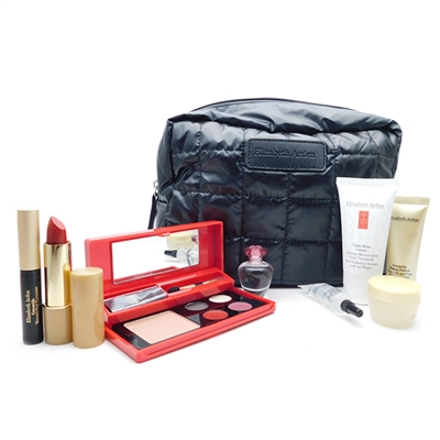 Elizabeth Arden Black Puff Bag Set: Pretty EDP .25 Oz., Eyeshadow/Lipgloss/Cheekcolor .206 Oz., Plump Perfect Lipstick Perfect Scarlett .12 Oz., Mascara Black .09 O., Hand Treatment 1 Oz., Moisture Cream 15 mL., Eye Cream 7 mL., Lip Gloss .19 Oz.