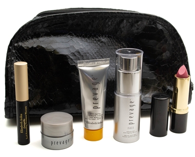 Elizabeth Arden Black Snake Bag Set: Eye Cream .17oz., Face Anti-Aging Serum .05oz, Moisture Lotion .05oz, Lipstick Petal .12oz., Mascara Black .09oz