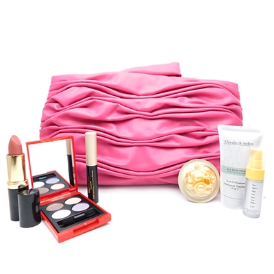 Elizabeth Arden Pink Bag Set: Exceptional Lipstick 25 Starlight .14 Oz., Eyeshadow Quad smoke sparkle moonbeam luna .09 Oz., Ceramide Mascara 01 Black .09 Oz., Ceramide Gold Restorative Capsules .11 Fl Oz., 2-in-1 Cleanser 1 Fl Oz., Day Protection .17 Oz.