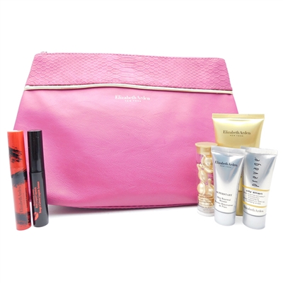 Elizabeth Arden Pink and Gold Bag Set: Mascara Stunning Black .09 Oz., Liquid Lipstick Luscious Raspberry .08 Oz., Day Sunscreen SPF30 .5 Oz., Skin Booster .17 Oz., DNA Enzyme Complex .17 Oz., Restoring Serum .11 Oz.