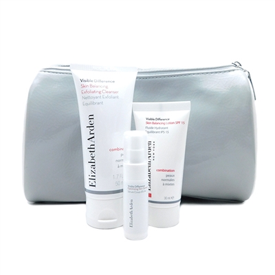 Elizabeth Arden Silver Bag Set: Exfoliating Cleanser 50 mL., Skin Balancing Lotion 30 mL., Optimizing Skin Serum 5 mL.