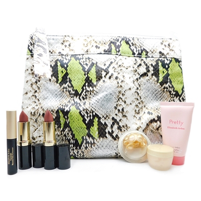 Elizabeth Arden Snake Print Bag Set: Moisture Cream .25 Oz., Gold Restorative Capsules .11 Fl Oz., Mascare Black .09 Oz., 2 Exceptional Lipsticks in Autumn and Blossom each .14 Oz., Pretty Body Lotion 1 Fl Oz.