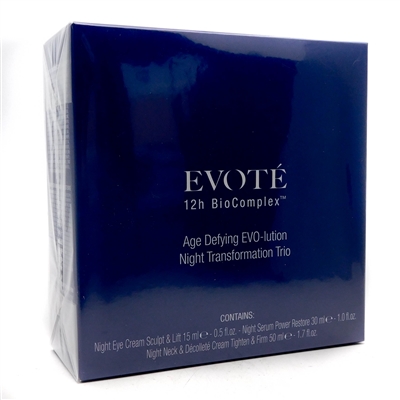 Evote 12th Biocomplex Age Defying EVO-lution Night Transformation Trio; Night Cream Sculpt & Lift  .5 fl oz, Night Serum Power Restore  1 fl oz, Night Neck & Decollete Cream Tighten & Firm  1.7 fl oz