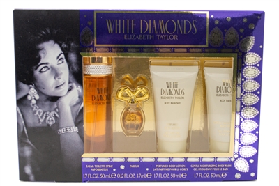 Elizabeth Taylor White Diamonds Set; Eau de Toilette Spray 1.7 fl oz, Parfum .12 fl oz, Body Lotion 1.7 fl oz, Body Wash  1.7 fl oz