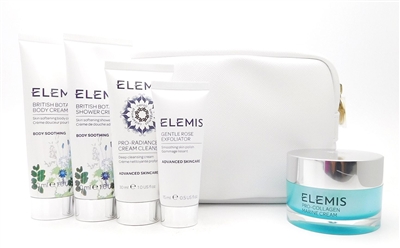 Elemis Voyage of Discovery Bag Set: Pro-Radiance Cream Cleanser Special Edition 1 Fl Oz., Gentle Rose Exfoliator .5 Fl Oz., Pro-Collagen Marine Cream 1 Fl Oz., New British Botanical Shower Cream 1.6 Fl Oz., New British Botanical Body cream 1.6 Fl Oz.