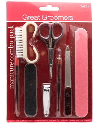 Great Groomers Manicure Combo Set T6941:  Nail Brush, Cuticle Trimmer, Cuticle Scissors, Cuticle Pusher, Nail Clip, Sapphire File, Black Nail Board, Pink Nail Board