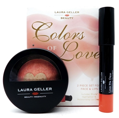 Laura Geller Colors of Love 2 Piece Set for Face & Lips: Baked Heart Blush & Highlighter Pink Valentine .15 Oz., Love Me Dew Moisturizing Lip Crayon Lychee Glace .10 Oz.