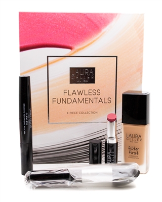 Laura Geller FLAWLESS FUNDAMENTALS MEDIUM 4 Piece Collection;  Filter First Luminous Foundation  1 fl oz, Color Luster Lip Color - Cranberry Crush  .11oz, Glamlash Dramatic Volumizing Mascara - Black  .25 fl oz, Smoothing Foundation Blender