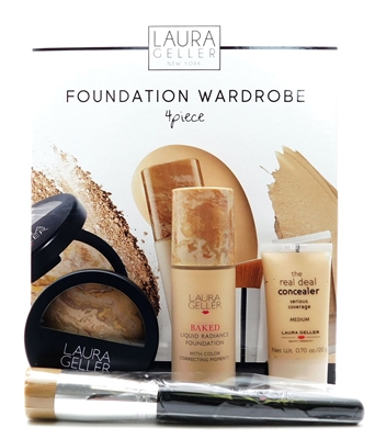 Laura Geller Foundation Wardrobe 4 Piece Face medium: Baked Radiance Foundation 1 Fl Oz., Baked Balance-N-Brighten Foundation .32 Oz., Real Deal Concealer .70 Oz., Angled Liquid Foundation Brush