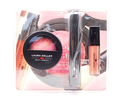 Laura Geller sweet Delights: Baked Blush Berry Creme .17 Oz., Brush, Luscious Lips Liquid Lipstick Cherry Almond .20 Fl Oz.