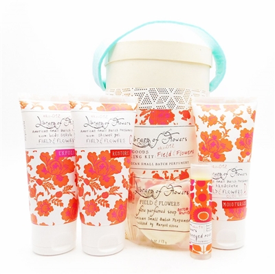 Library Of Flowers Bath Goods Field & Flowers Sampling Kit: Body Scrub Exfoliate 2 Oz., Shower Gel Restore 2 Fl Oz., Hand Cream Moisturize 1.5 Oz., Fine Perfumed Soap .6 Oz., Lip Nectar Honeyed Rose